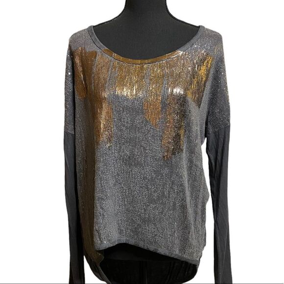 Lightweight Sequin Fancy Gray Gold Long Sleeve Shirt - Picture 2 of 10